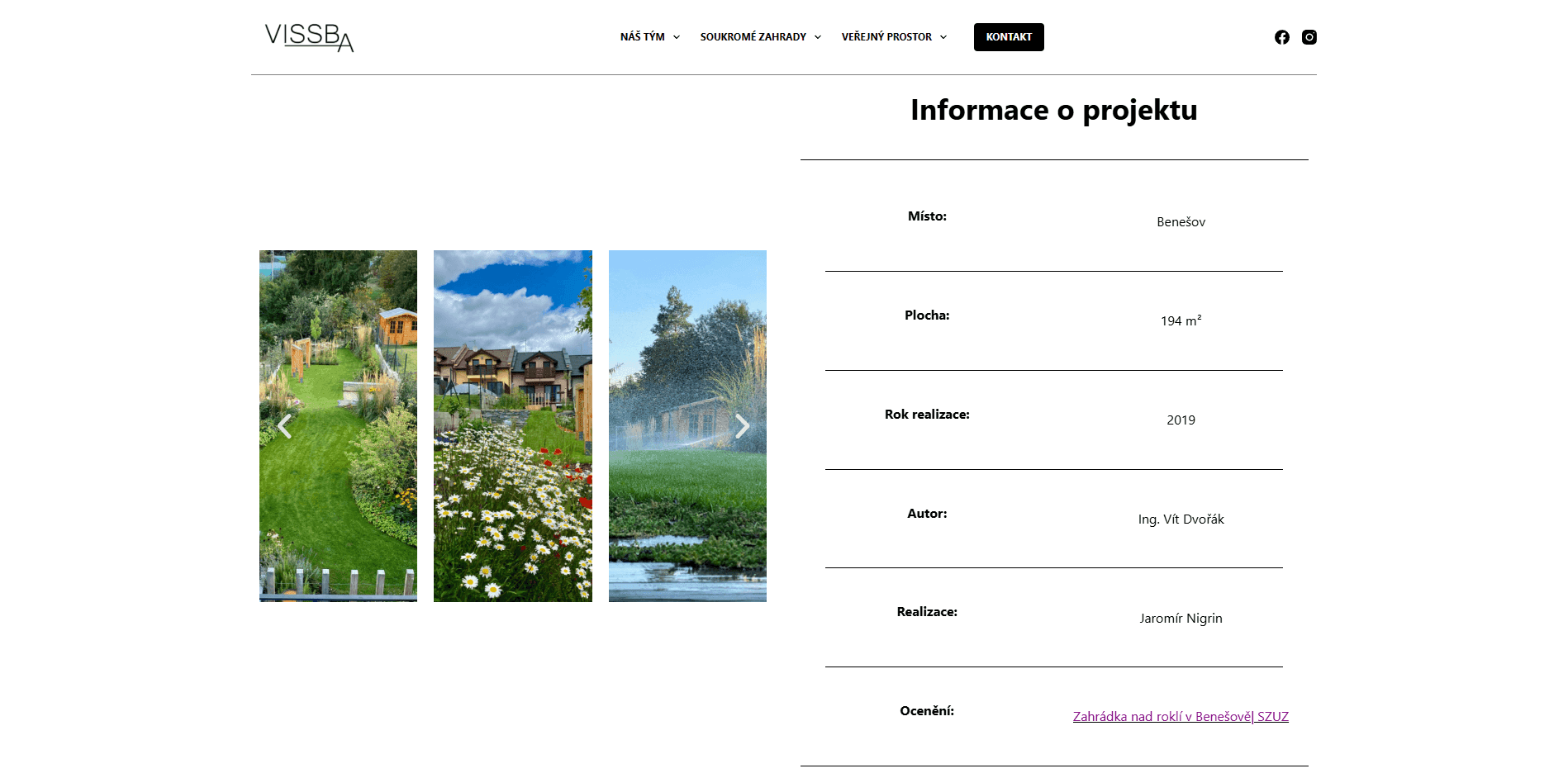 Web zahradnické firmy Vissba – detail realizovaného projektu s galerií